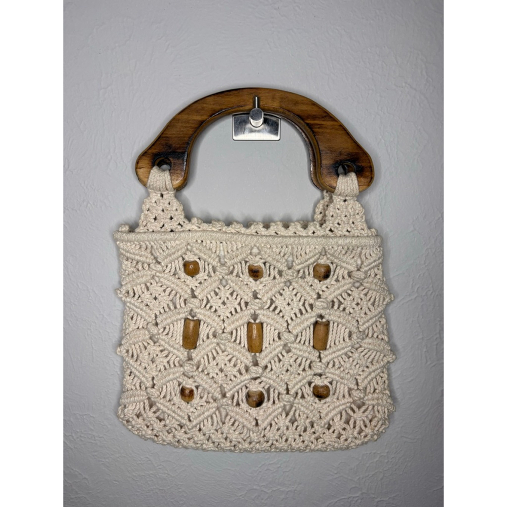 Vintage Boho Macrame Bag with Wooden Handle MCI